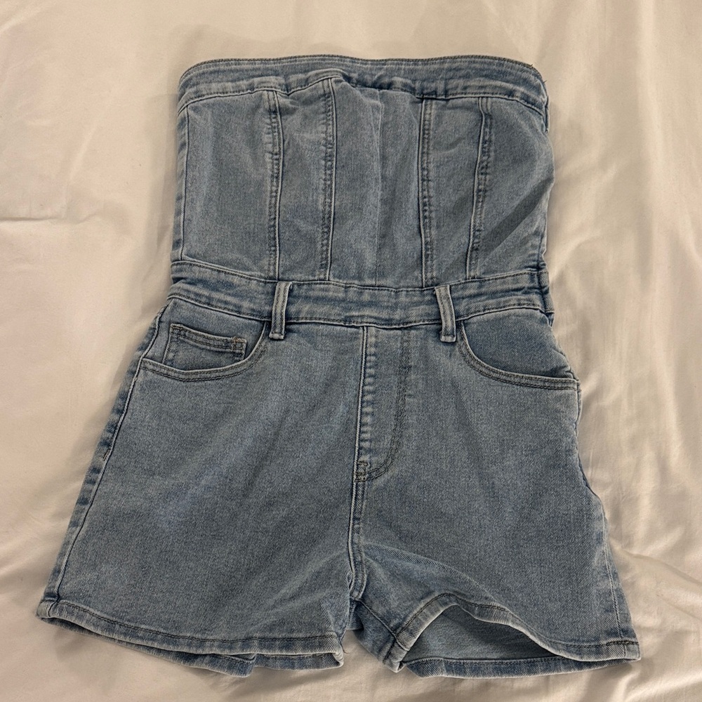 Never Worn Denim Strapless Women's Shorts Romper - Light Blue